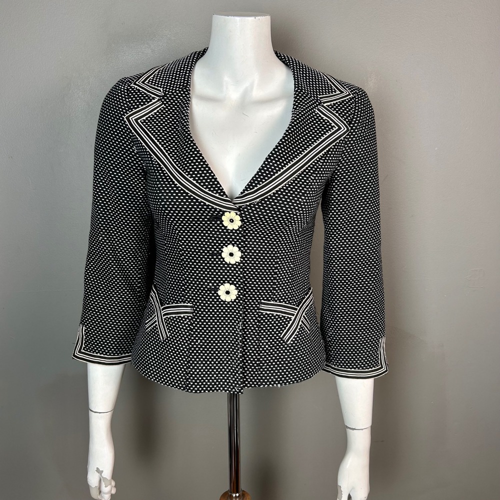 Nanette Lepore Blazer Size 0 VTG Polka Dot Dainty Whimsical Buttons Black White